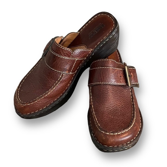 Born Shoes - BORN Brown Leather Mule Clog Buckle Slip On Women's Size 8